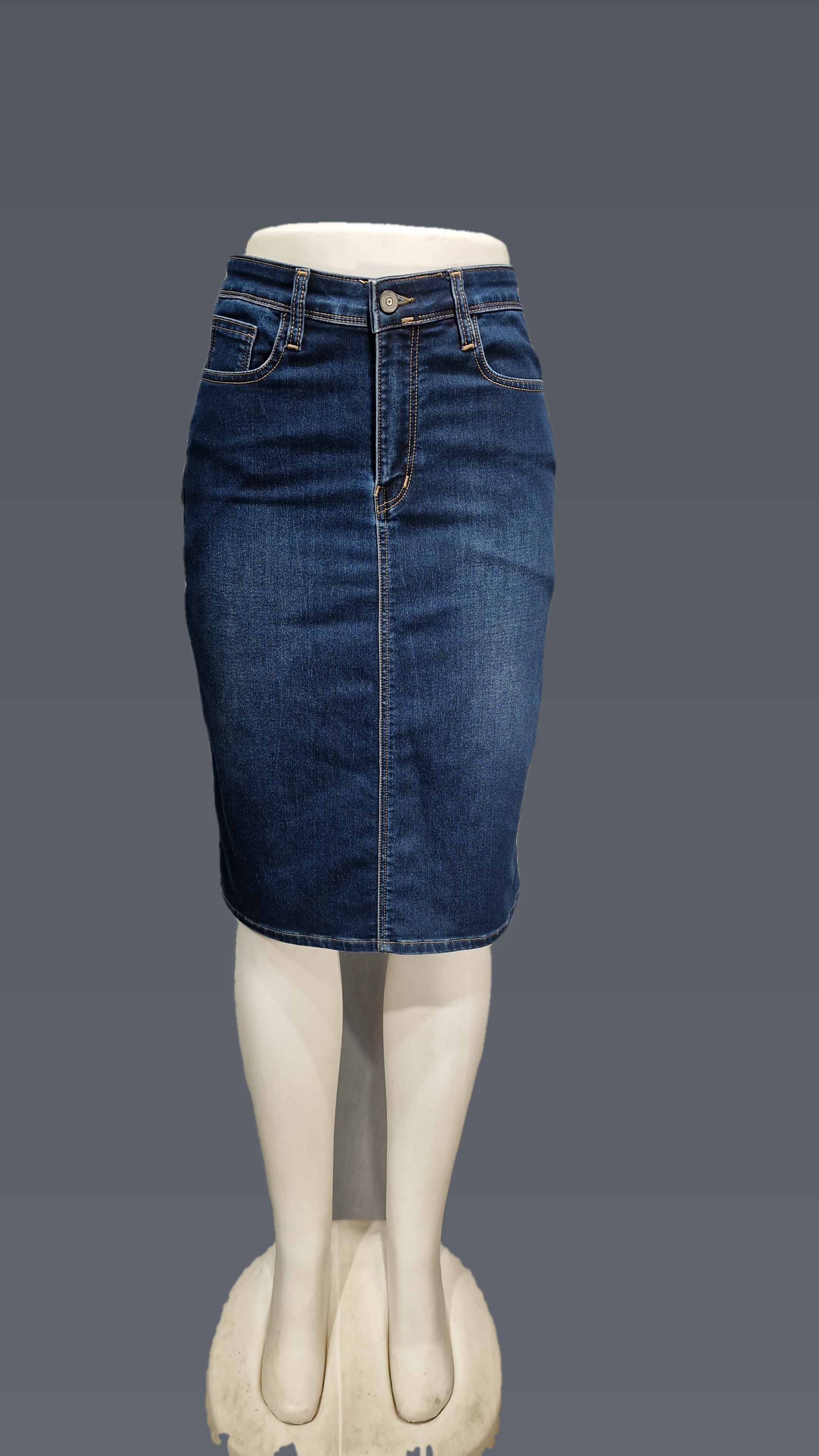 Denim Knee Length Back Cut Skirt