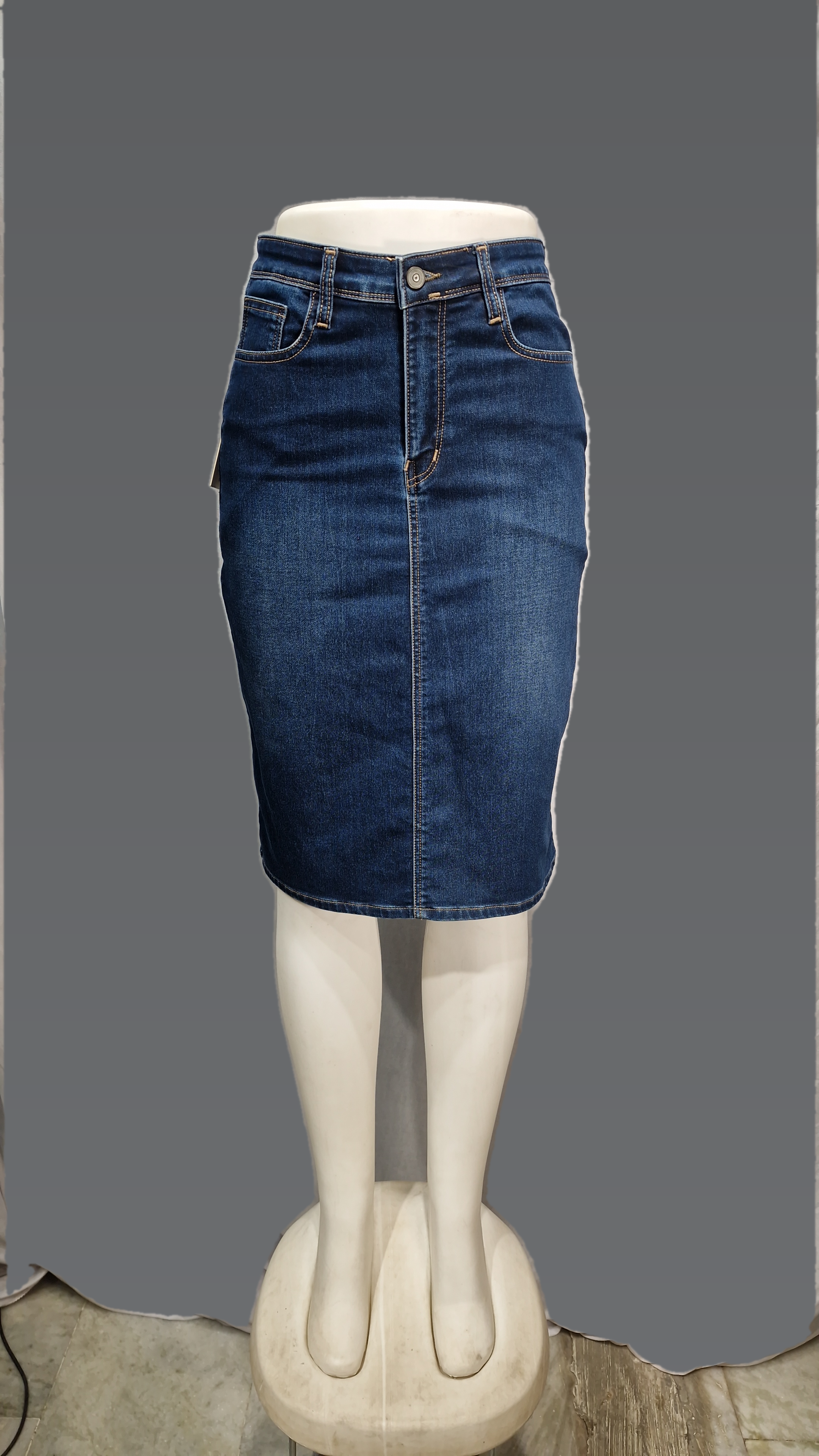 Denim Knee Length Back Cut Skirt