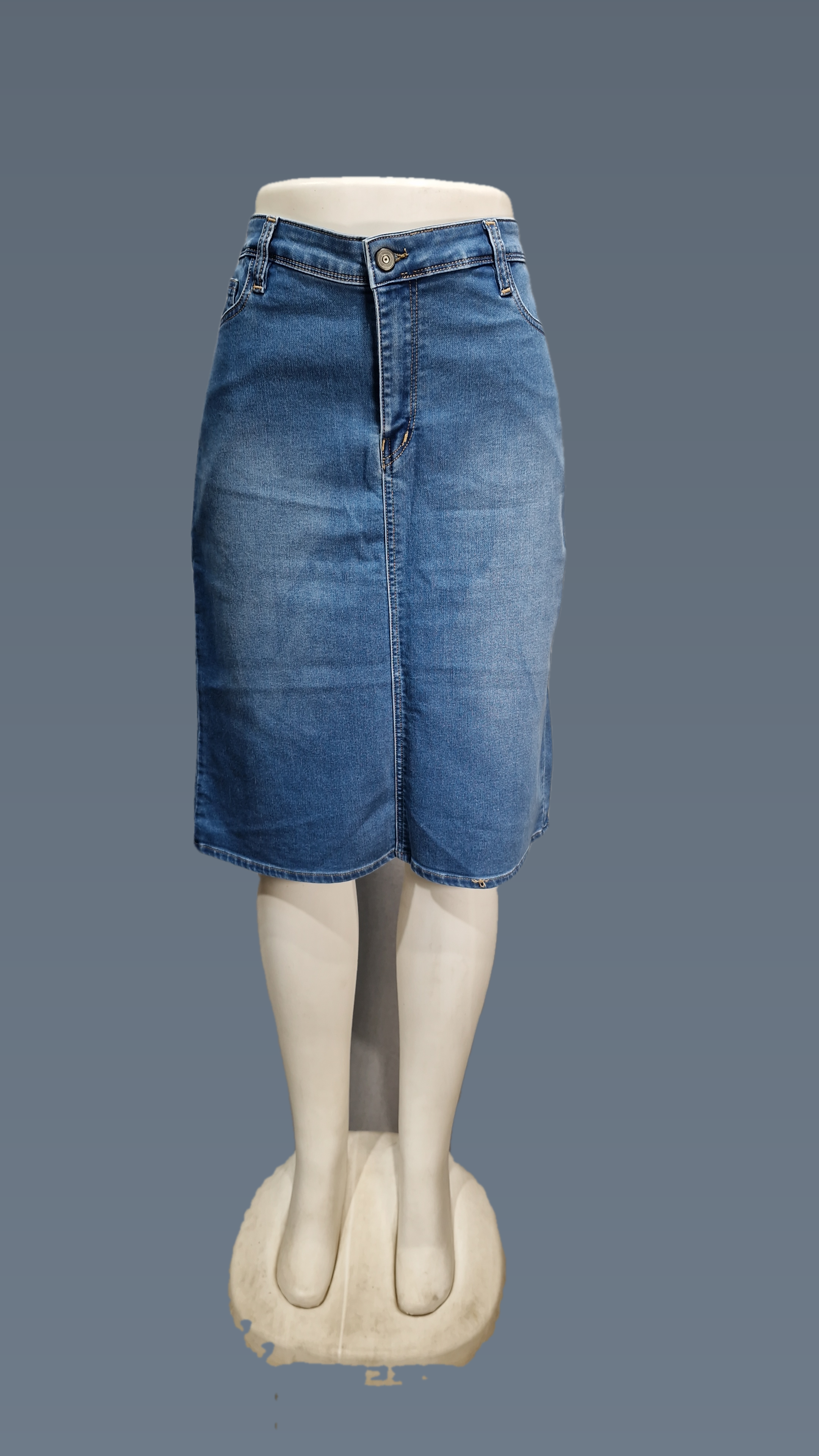 Denim Knee Length Back Cut Skirt