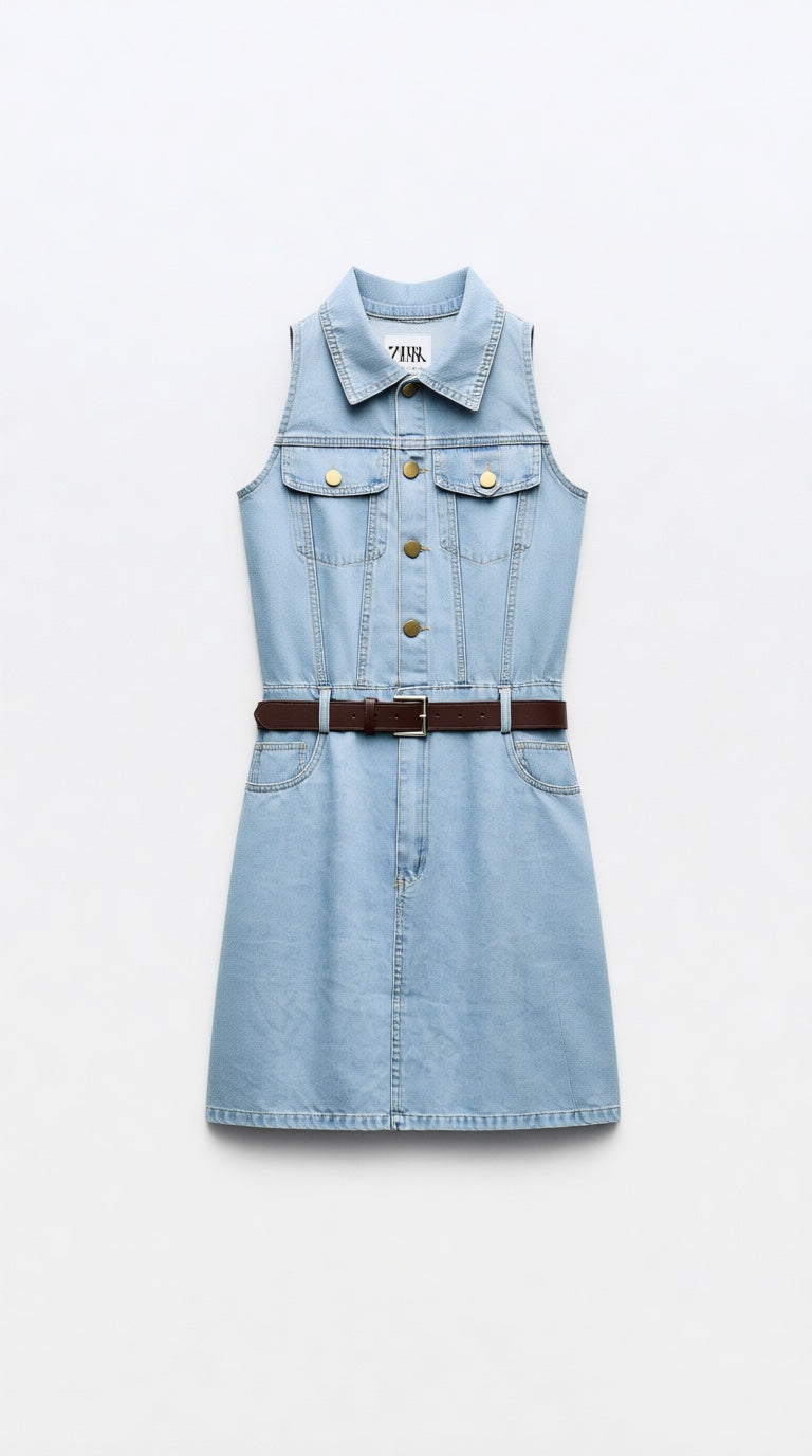 Ziper Denim Collar Midi Dress