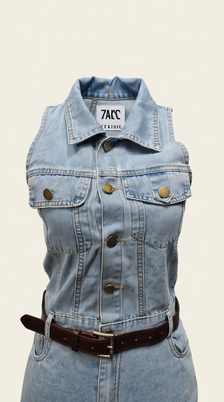 Ziper Denim Collar Midi Dress