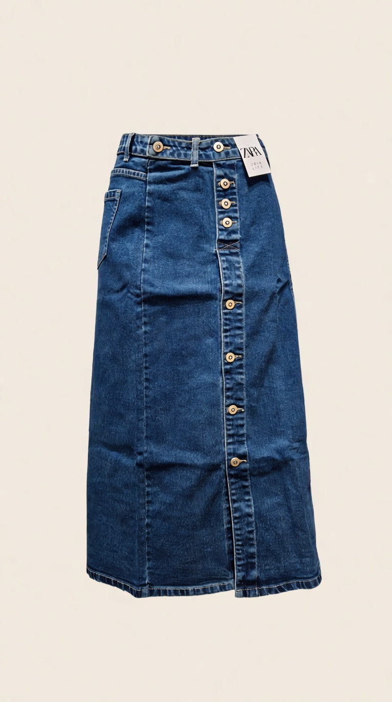 Buttoned Ankle Length Side slit Denim Skirt