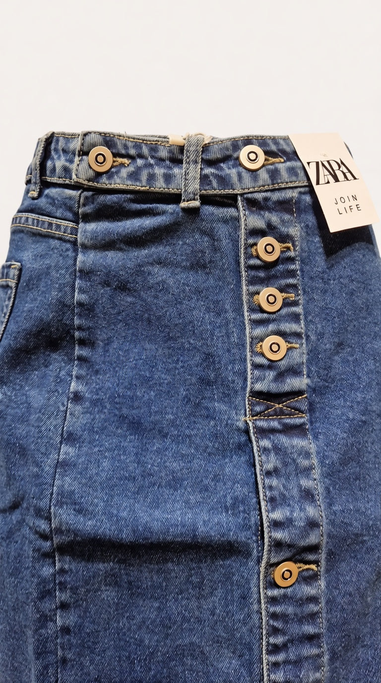 Buttoned Ankle Length Side slit Denim Skirt