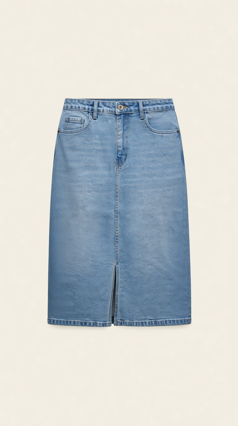 Knee Length denim Skirt Back slit