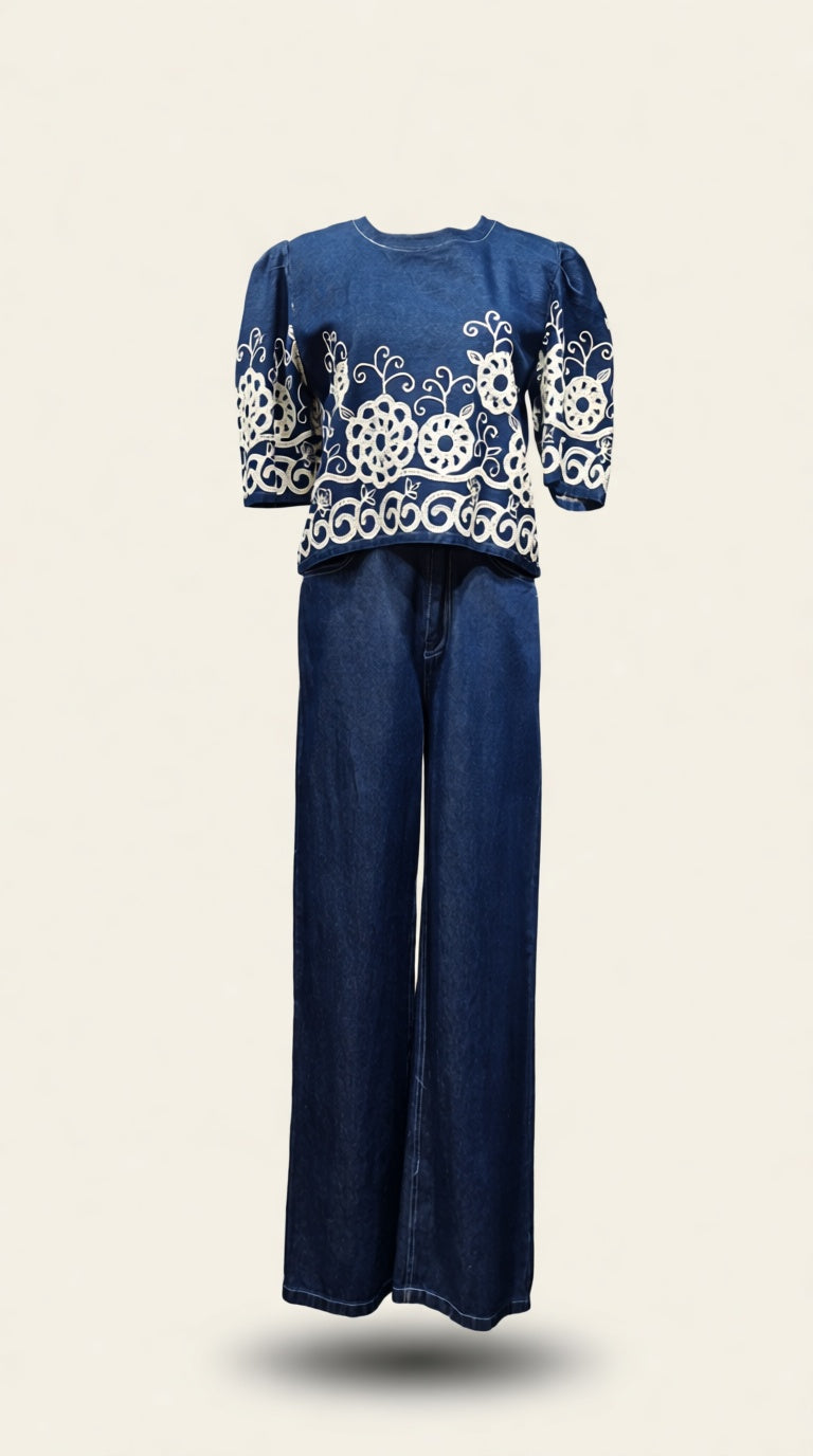 denim emb co ord set