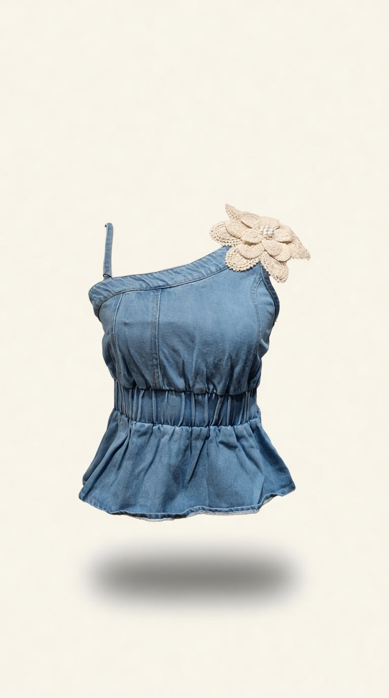Off-shoulder Denim SL Paplum Top