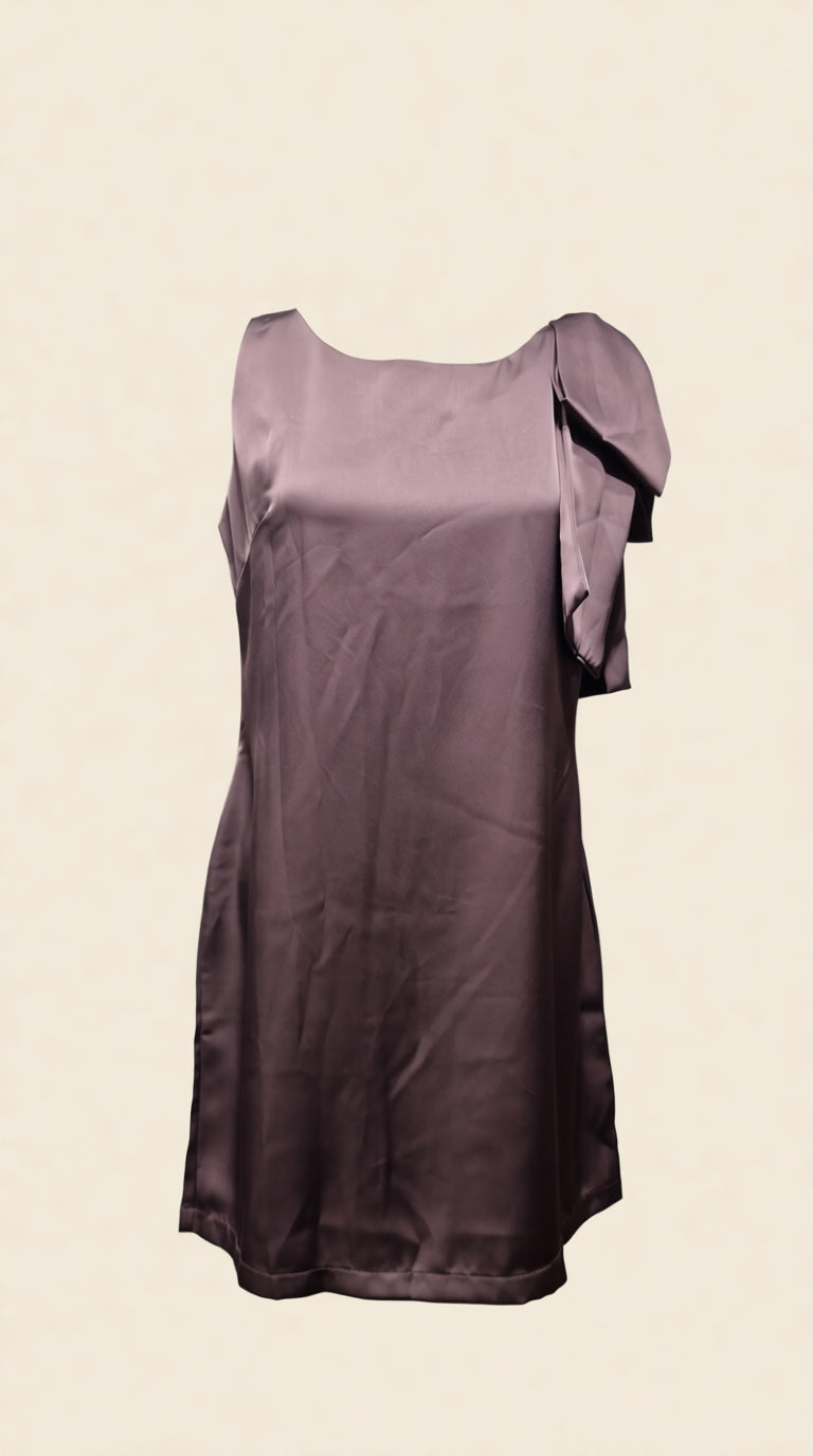 Satin sholder Bow Midi dress solid color