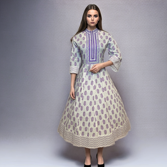 Elegant Off-White & Purple Cotton Frock Suit - 3 Piece Set (Kurta, Pant, Dupatta) | Hand-Printed & Embroidered