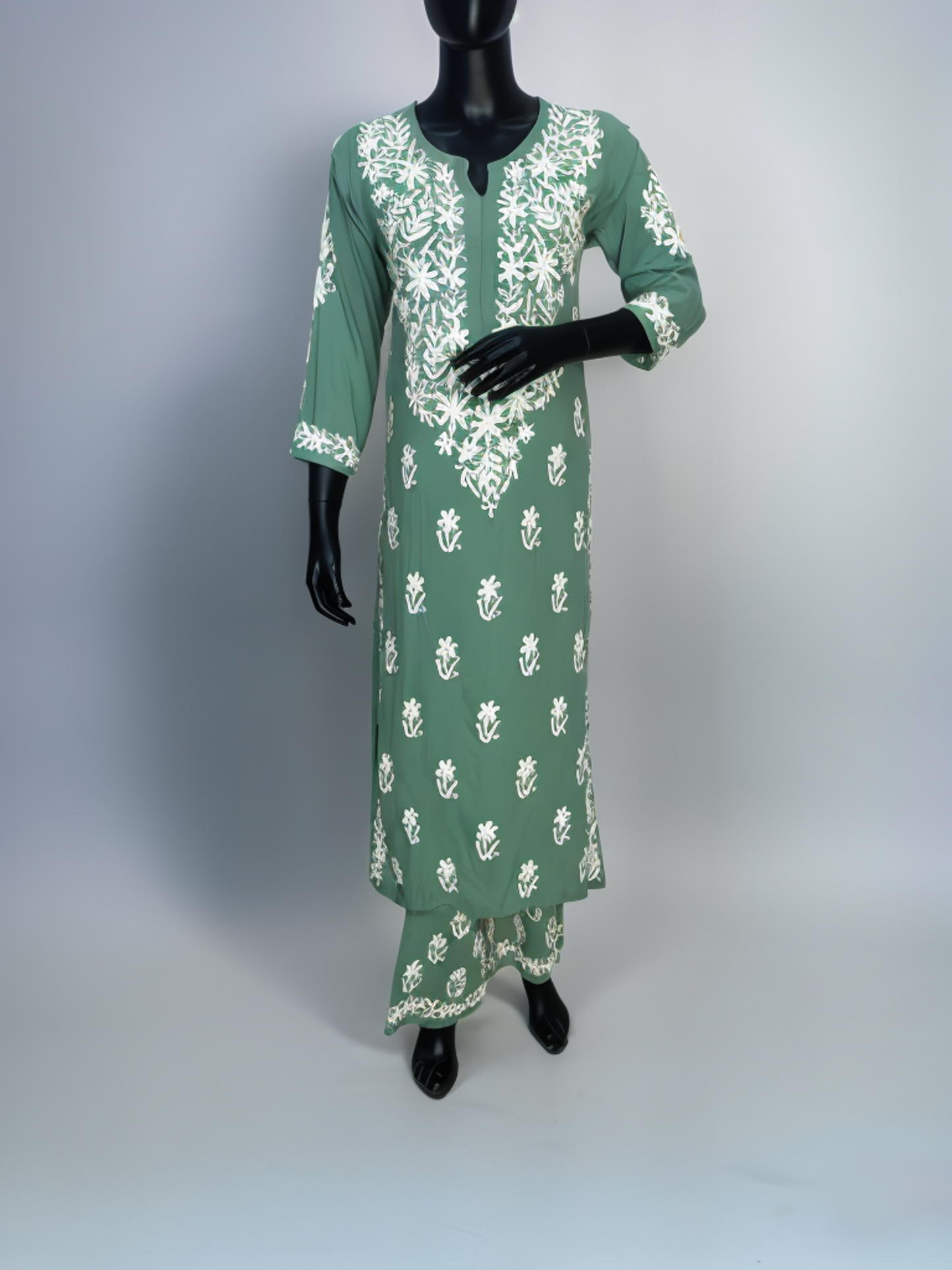 Lucknowi Chikankari kurta Set with Palazzo Green Color Kurta with White embroidery on Modal Fabric