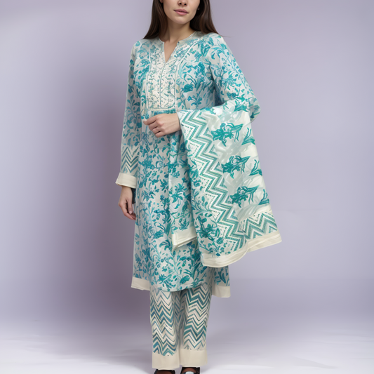 Cotton Printed suit straight Fit 3 Pice set with cotton Dupatta Embroidery on neck