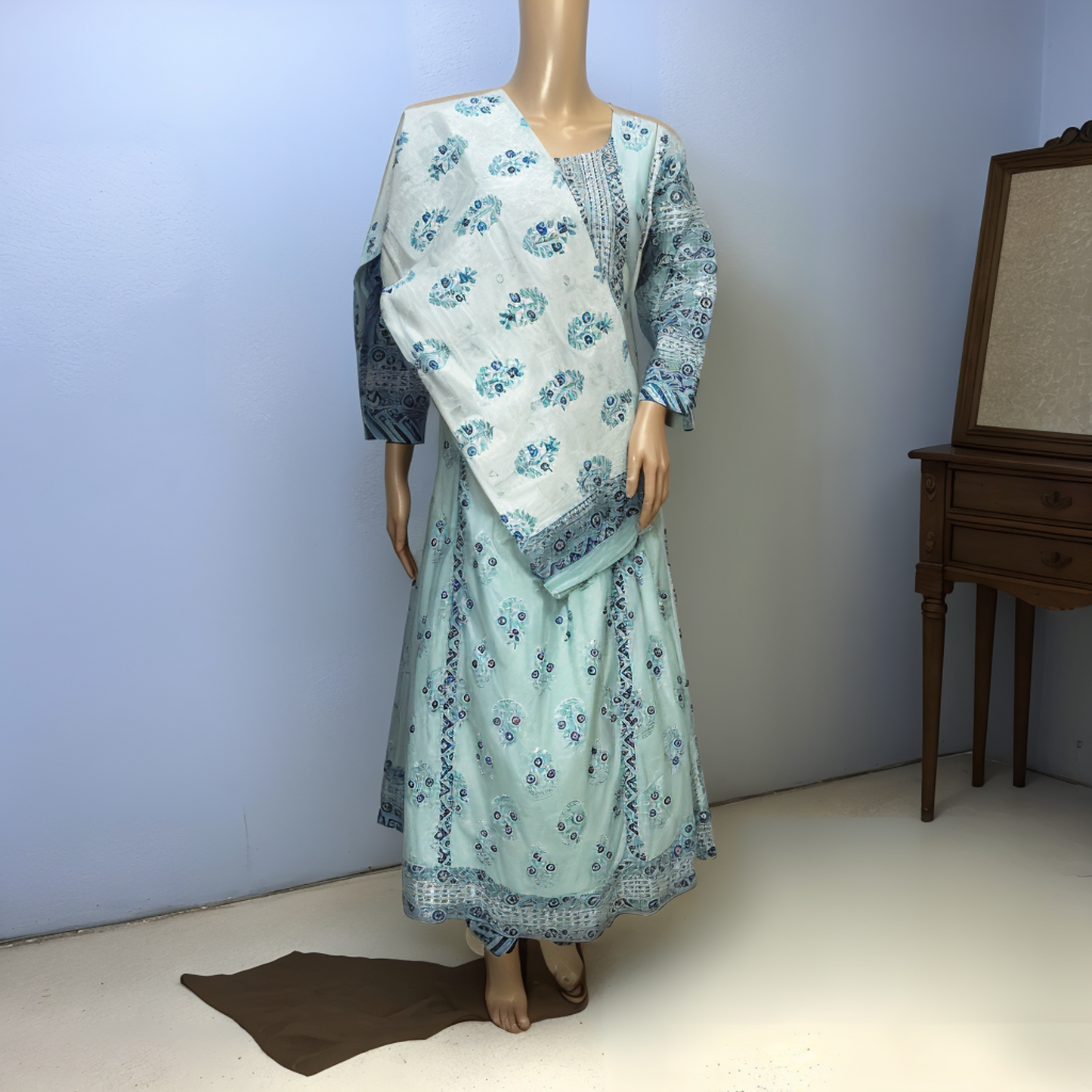 Cotton Frock Suit with Beads work on neck, Printed Straight Pant and Dupatta