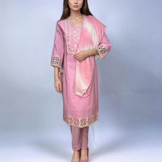 Cotton Shifley Pink Suit with Glass work on neck 3 Pice Suit with Straight Plain Cotton Pant