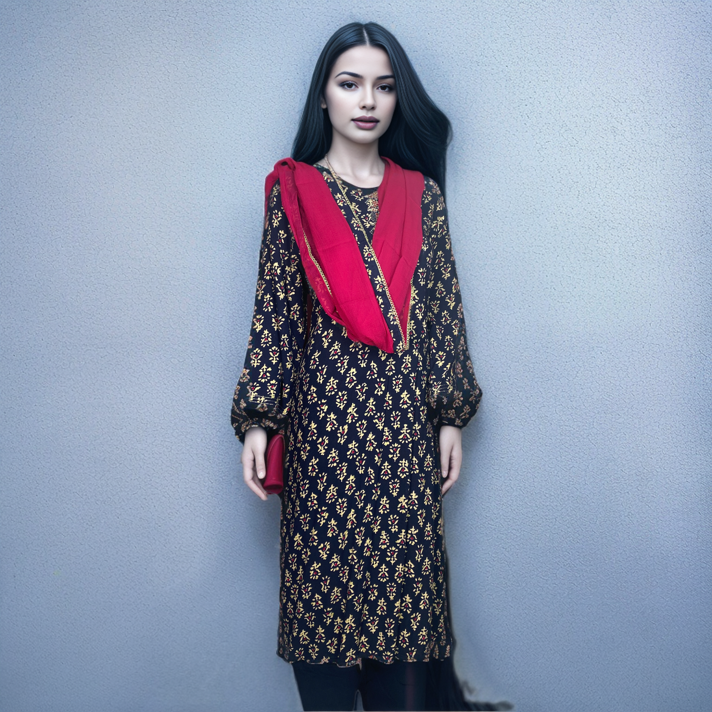 Elegant Red Cotton Suit With Frilled Dupatta 3 pics set Perfect For daily Wear