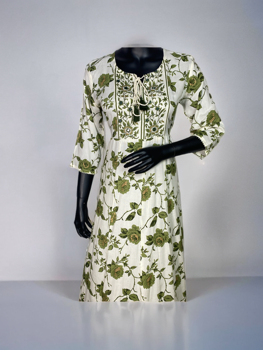 Cotton Frock Suit Cream base with Green Floral Print and work on Neck