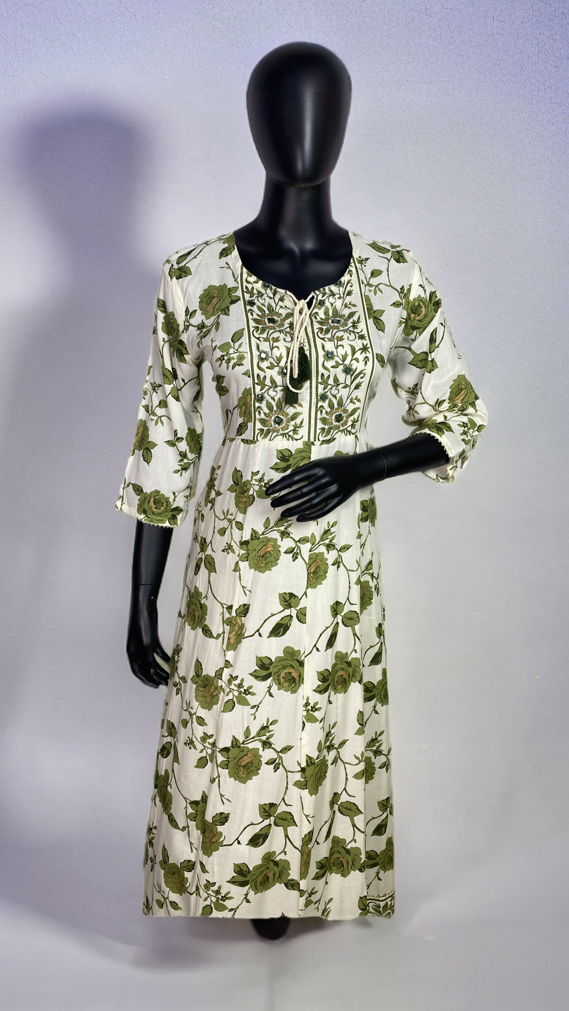 Cotton Frock Suit Cream base with Green Floral Print and work on Neck