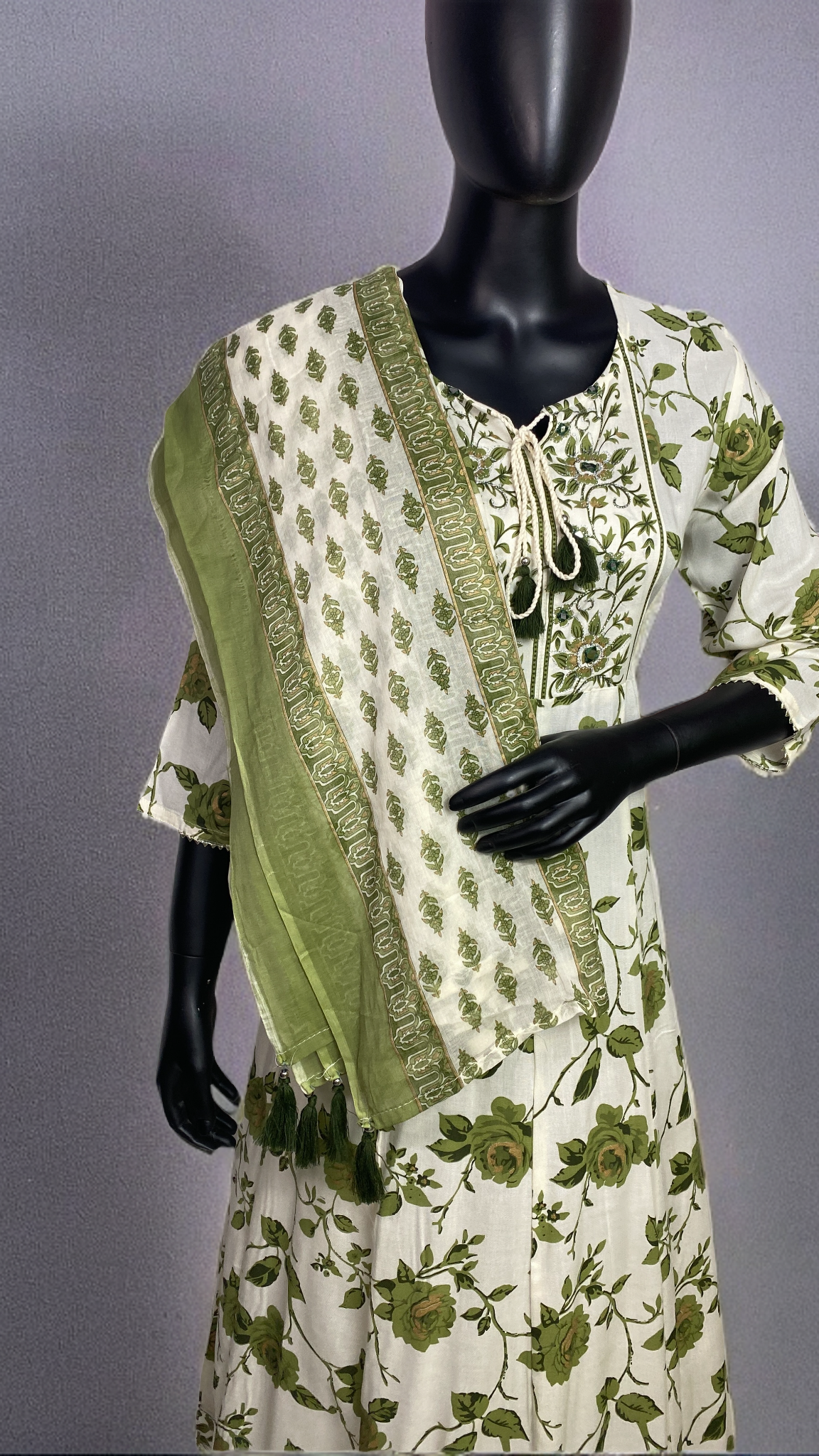 Cotton Frock Suit Cream base with Green Floral Print and work on Neck