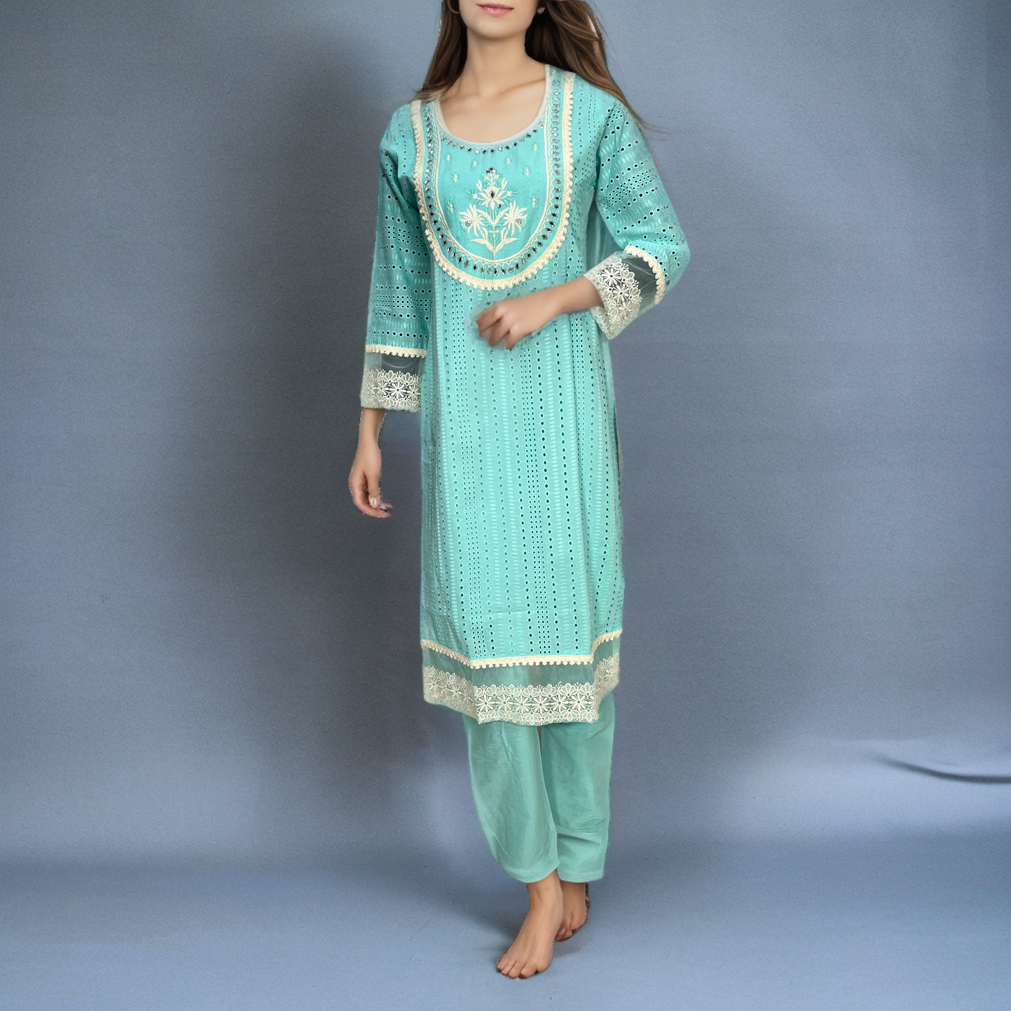 Cotton Shifley Pink Suit with Glass work on neck 3 Pice Suit with Straight Plain Cotton Pant