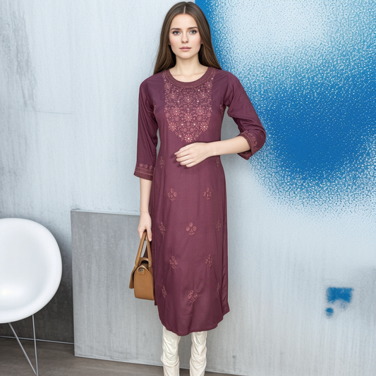 Elegant Solid Maroon Color Kurta with same color Embroidery