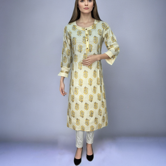 Elegant cotton kurta with  ban neck lemon yellow fine material