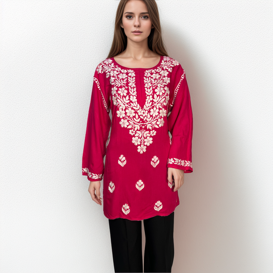 Lakhnavi Chikankari Short Kurti made with Extra Soft Cotton Modal Fabric and Hand Embroidery