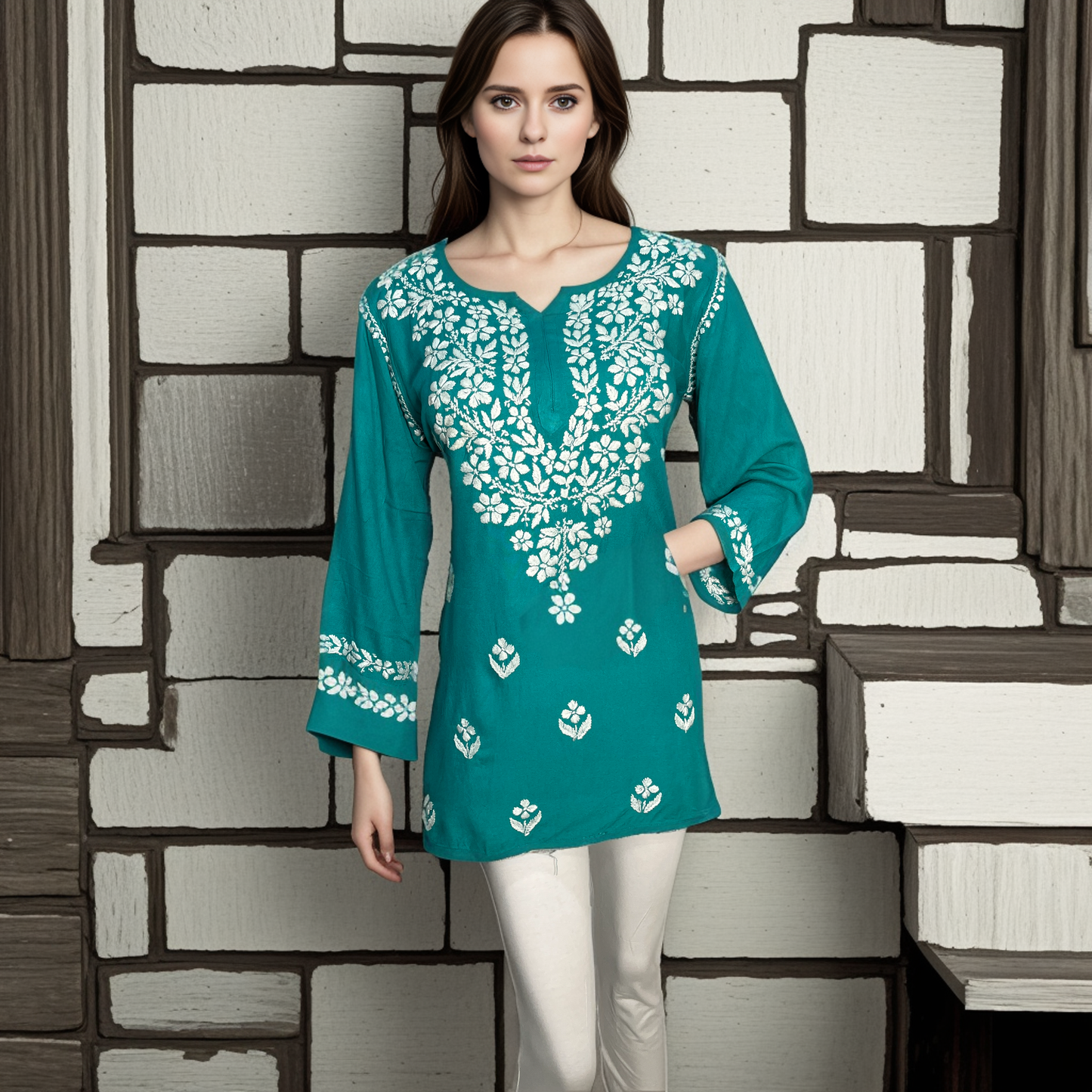 Lakhnavi Chikankari Short Kurti made with Extra Soft Cotton Modal Fabric and Hand Embroidery