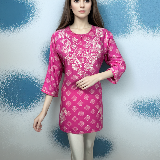 Beautiful Pink Lakhnavi Chikankari Short Kurti with hand Embroidery on Printed base