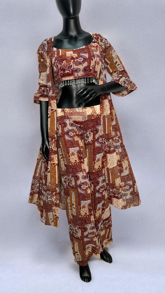 3 Pice Co-ord Set with Long Shrug Cami Top and Wide leg Pant Floral Print Brown Ethnic Style