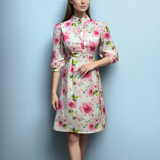 Elegant Ban Neck Floral Pink Midi dress Puffed Shoulders Elastic on back