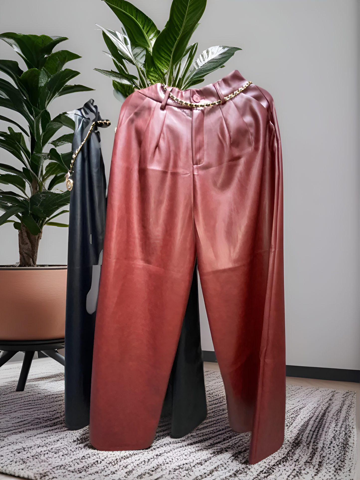 8863 Leather Palazzo Pants With Chain to detailing