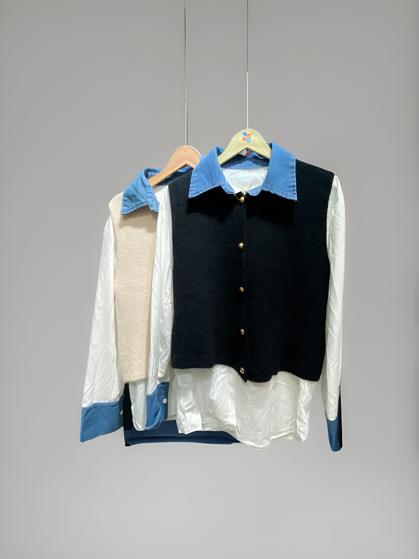 306 Denim Collar Shirt With Front open Round Neck Vest