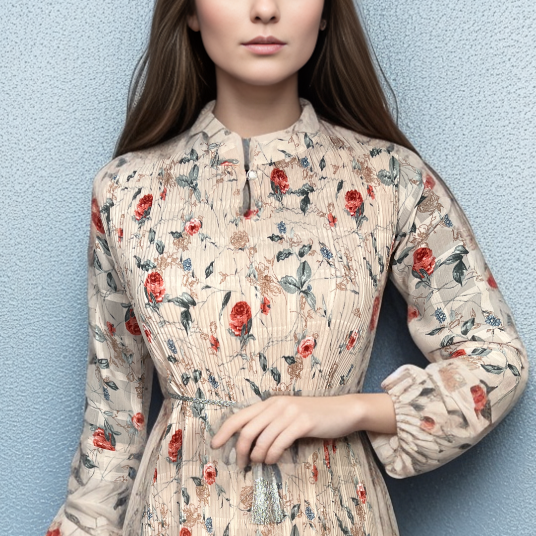 Midi Dress With Dori to belt Floral Print louver Fabric